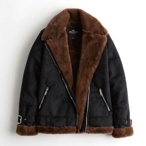 Hollister - Black and Brown Faux Fur Shearling Jacket - Size M